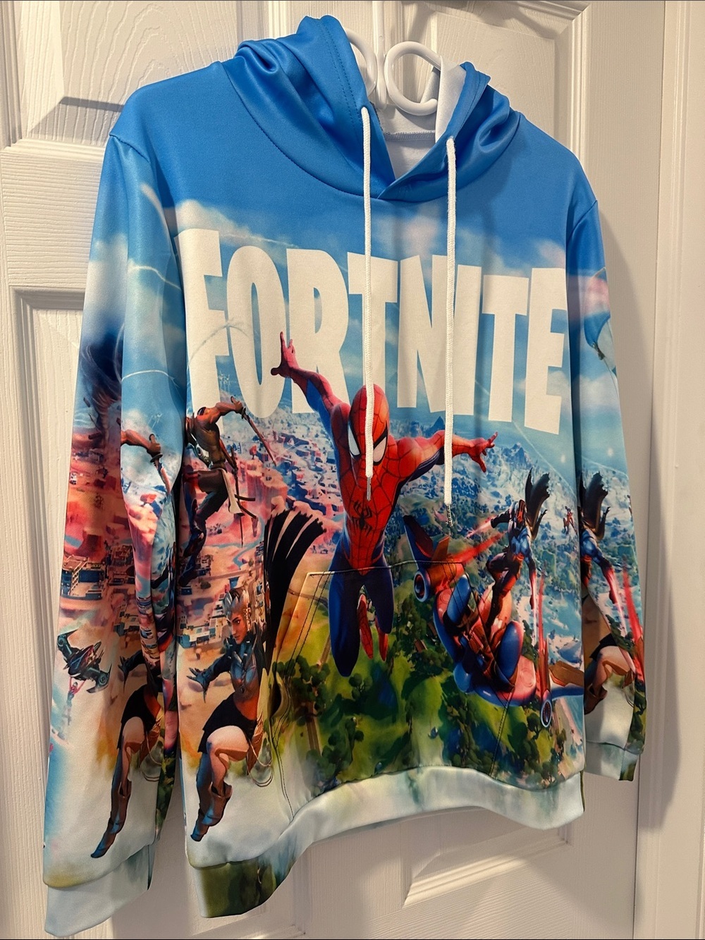 FORTNITE Graphic Pullover Hoodie in Bright Blue and Multicolor Sz L Gaming NWOT